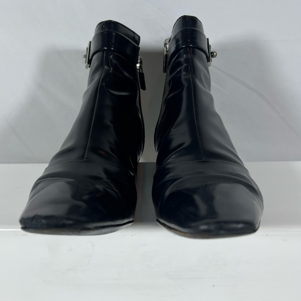 7017: Louis Vuitton Logo Heel Ankle Boots Black Leather Buckle 35.5 Italy - Picture 3 of 13